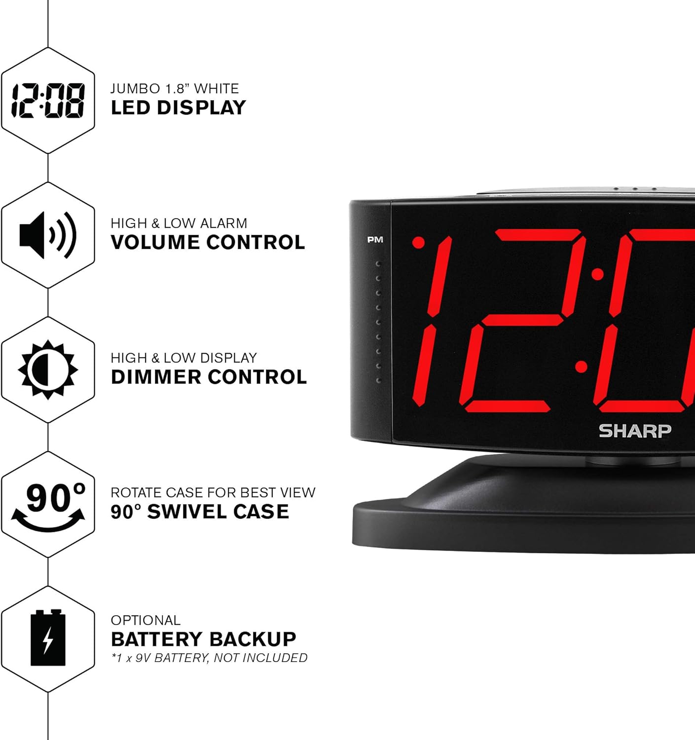 Sharp Home LED Digital Alarm Clock – Swivel Base - Outlet Powered, Simple Operation, Alarm, Snooze, Brightness Dimmer, Big Green Digit Display, (Midnight Black -Red LED)