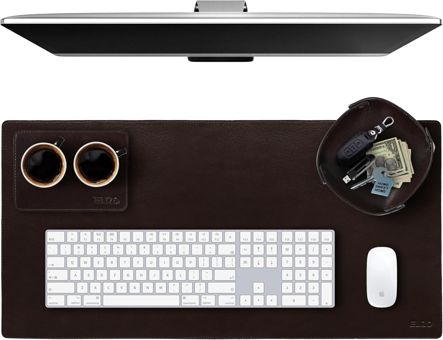 Elizo Leather Desk Mat Desk Pad Blotter Set - Real Full-Grain Leather (32x16) 2-Layer Genuine Desk Cover Protector & Large Mouse Pad | Computer Keyboard Desk Accessories for Office & Home