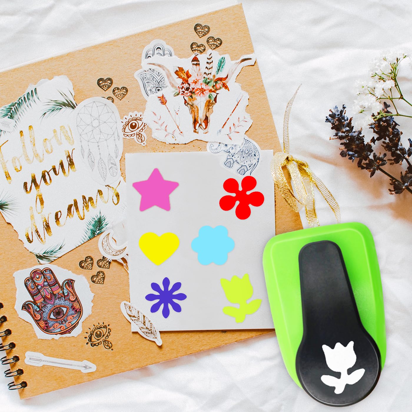 Heart Punch, Flower Hole Punches, Flower Punch, Flowers Paper Punches, 1 inch Hole Puncher for Crafts, 6PCS Flowers Shape Hole Puncher, Heart PaperPunch, Star HolePunch for Scrapbooking