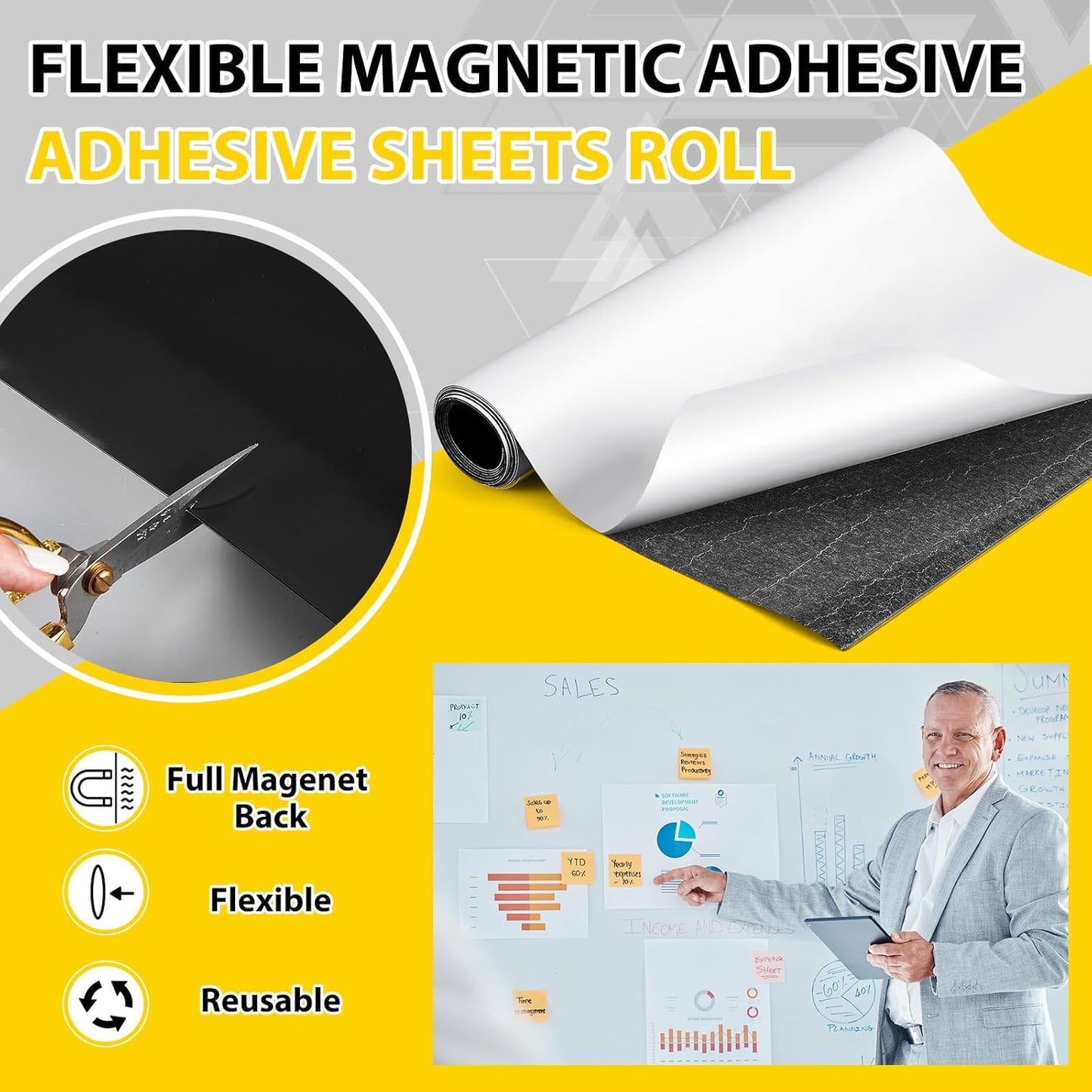 8 Inch x 5 ft x 30mil Extra Large Adhesive Magnetic Sheet Roll Not Printable Adhesive Backing Cut and Customize Flexible Sheets Blank White Surface Magnetic Sign for Craft Photo Craft Office