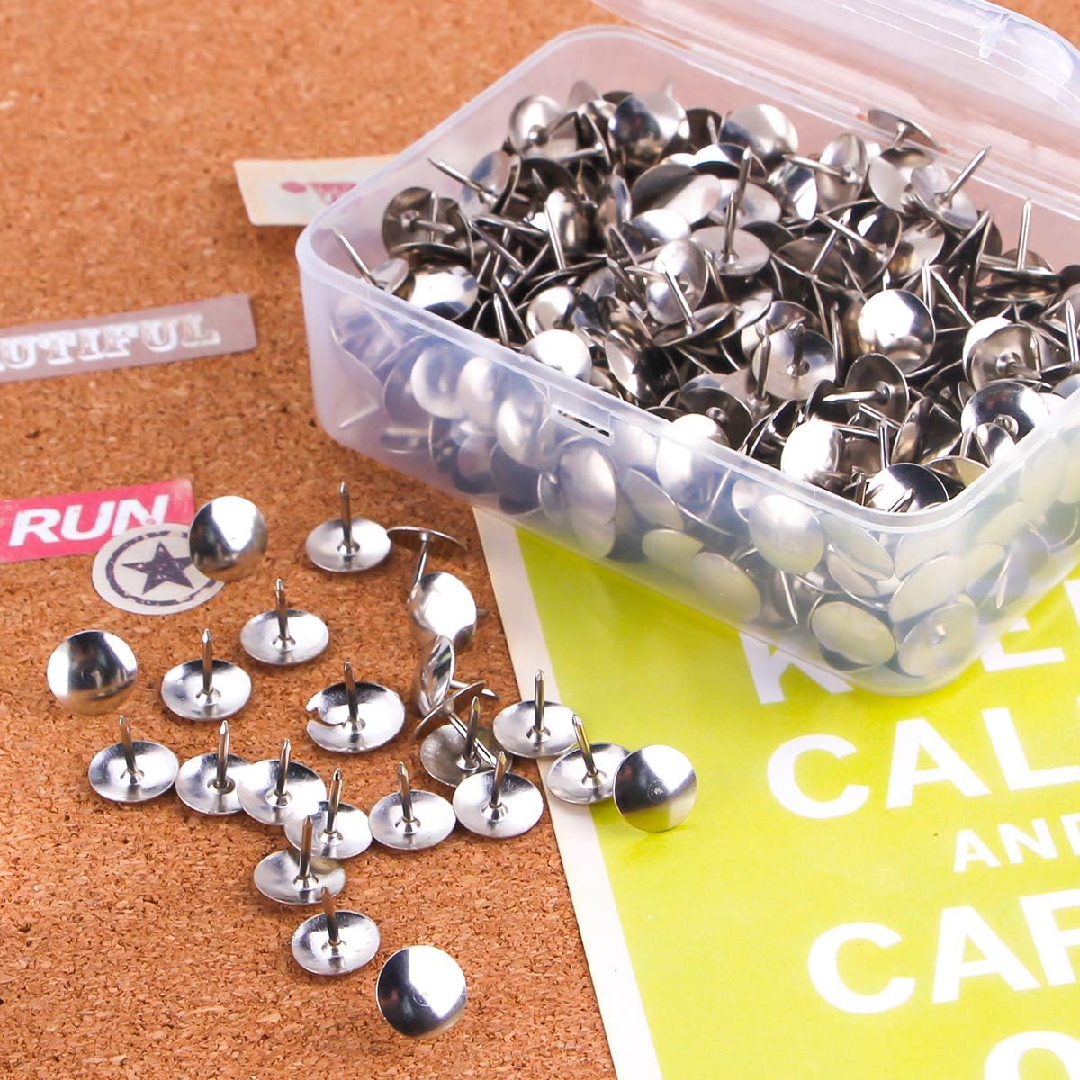 Yalis Thumb Tacks 500-count, 3/8-inch Steel Roundness Push Pins Office Tacks for Corkboard (Silver)