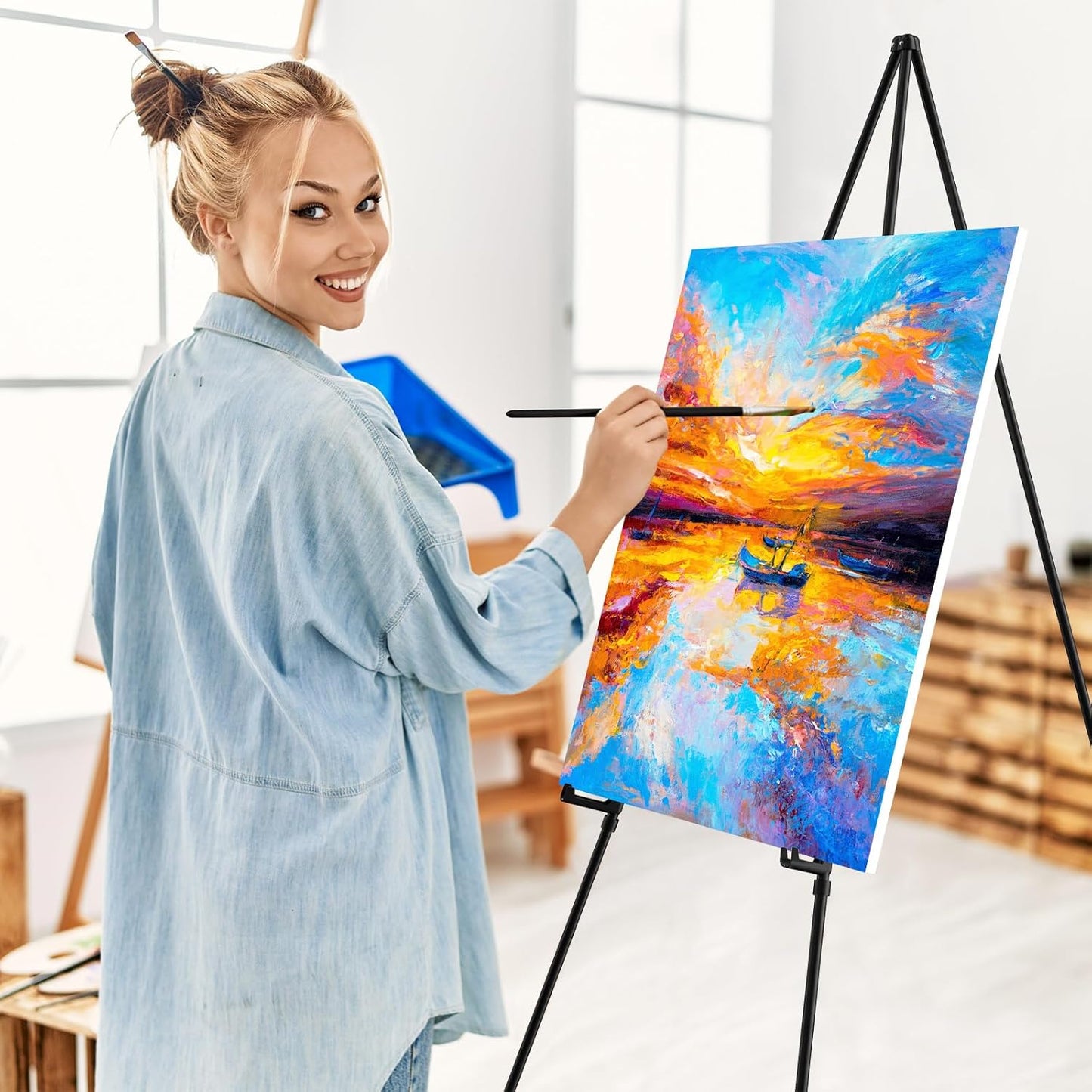 Easel Stand for Sign, 63" Portable Easels Stand for Display, Lightweight Adjustable Tripod Art Easel Stand for Wedding Sign, Black Metal Painting Easel with Portable Bags (4 Pack)