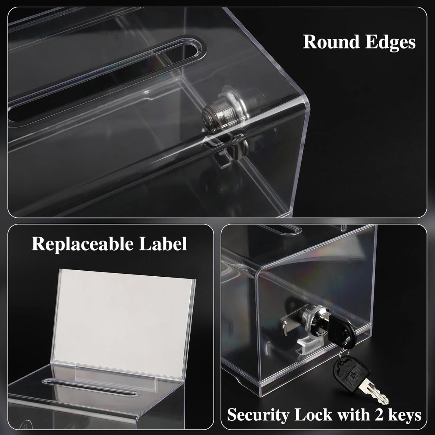 VOISEN Clear Donation Box with Lock,3 Pack Ballot Box with Sign Holder,Tip Jar for Fundraising, Voting Boxes with Slot for School,Conference 6.2x4.6x3.9 Inch