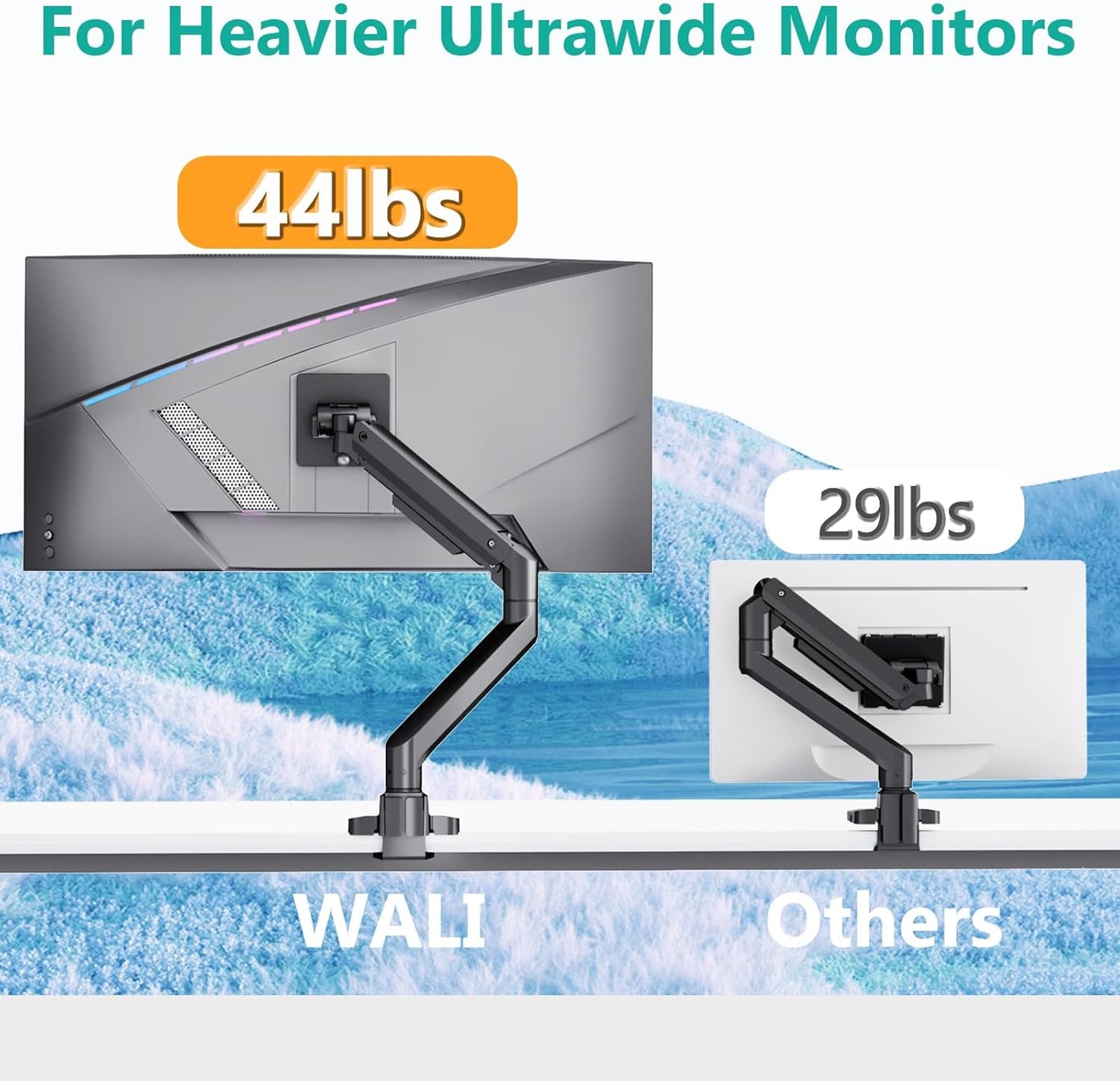 WALI Ultrawide Monitor Arm for 17 to 49 Inch Heavy Duty Curved Screens, Holds 44 Lbs, Adjustable Gas Spring Single Monitor Desk Mount for Samsung Odyssey G9, 75x75/100x100 VESA (GSM001XL-P), Black