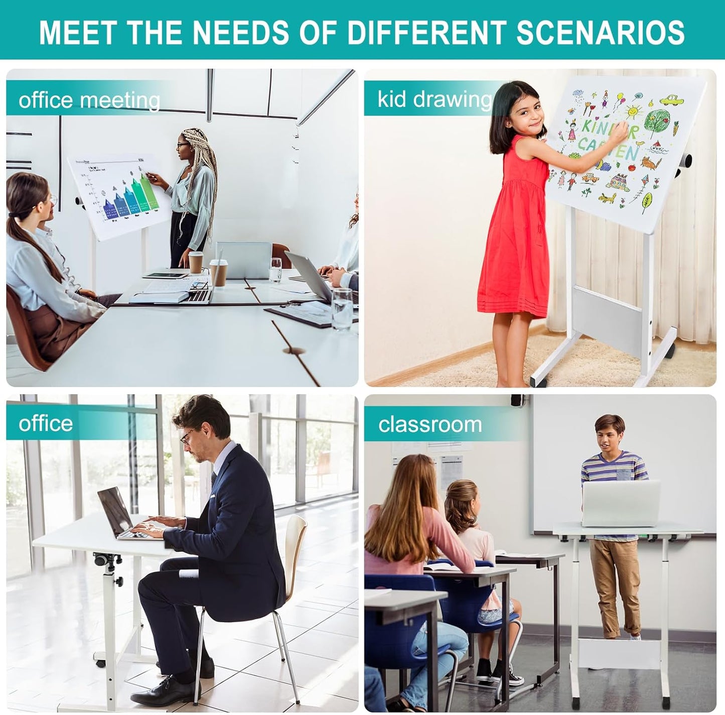 KOUPA Adjustable Height Standing Desk, Writable Tempered Glass Desktop with Eraser, 360° Flip, Wheels – Ideal for Small Spaces and Home Offices, 31 in, White(Adjustable Height: 32-47 in)