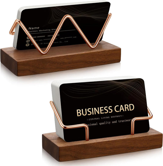 Amyhill 2 Pieces Wood Business Card Holder for Desk Wooden Business Card Display Stand Postcard Holder for Office Home Desktop (Wood Color, Rose Gold)