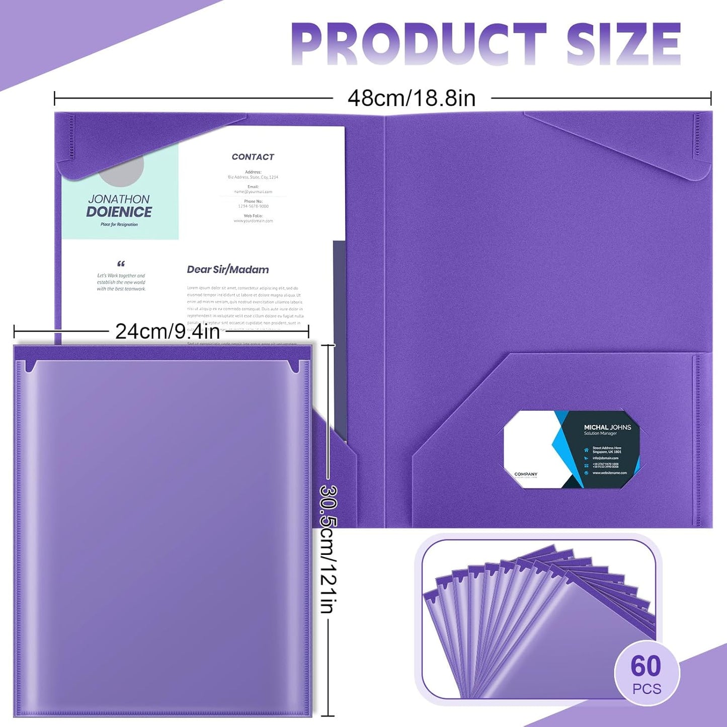 Henoyso 60 Pcs Plastic Folders with Clear Front Pockets Heavy Duty File Folders with 2 Pockets and Card Slot for Student Communication School Office Presentation Report (Purple)