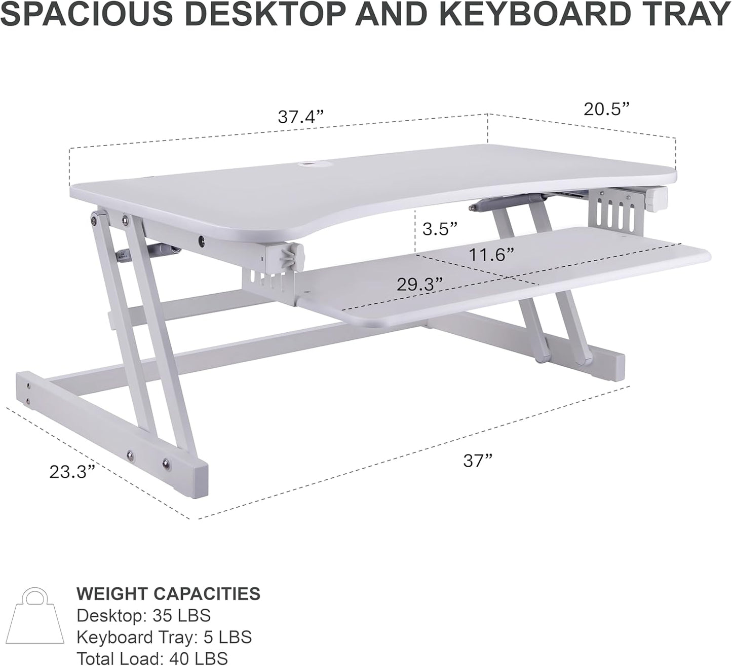 Rocelco 37.5" Height Adjustable Standing Desk Converter with Dual Monitor Mount and Slide Out Retractable Keyboard Tray - Sit Stand Up Double Screen Tabletop Riser Workstation - White (R DADRW-DM2)
