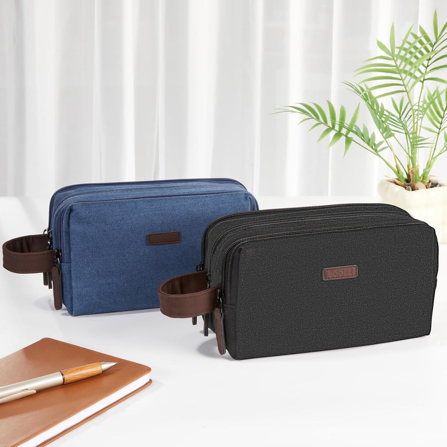 Sooez Large Pencil Case Pouch, Extra Big Pencil Pouch Pencil Bag with PU Handle & Zipper, Sturdy Pen Case with 3 Compartments, Aesthetic School College Supplies Organizer for Men Women Boys, Blue