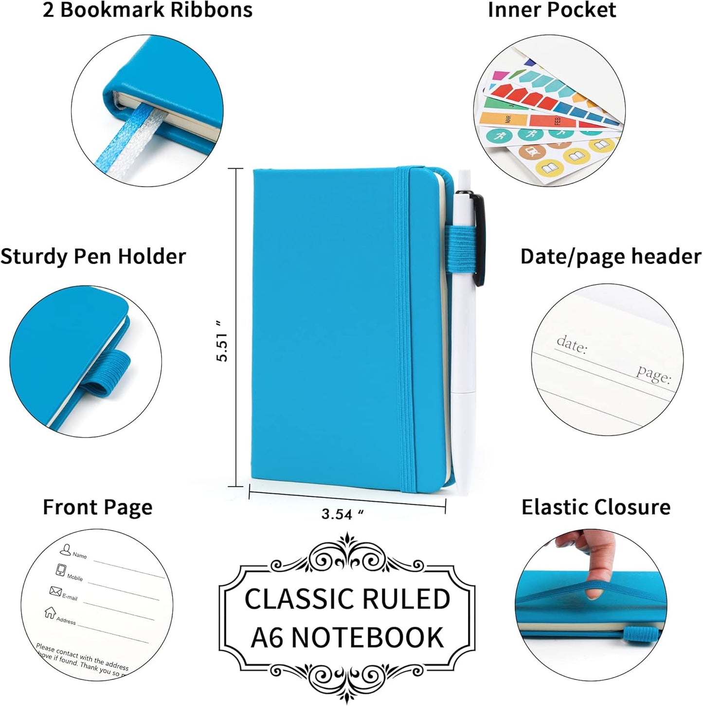 feela 15 Pack Pocket Small Notebooks Bulk, Mini Cute Notepads Hardcover College Ruled Lined Journals with Pen Holder for School Business Memos, with 15 Black Pens, 3.5”x 5.5”, A6, Teal