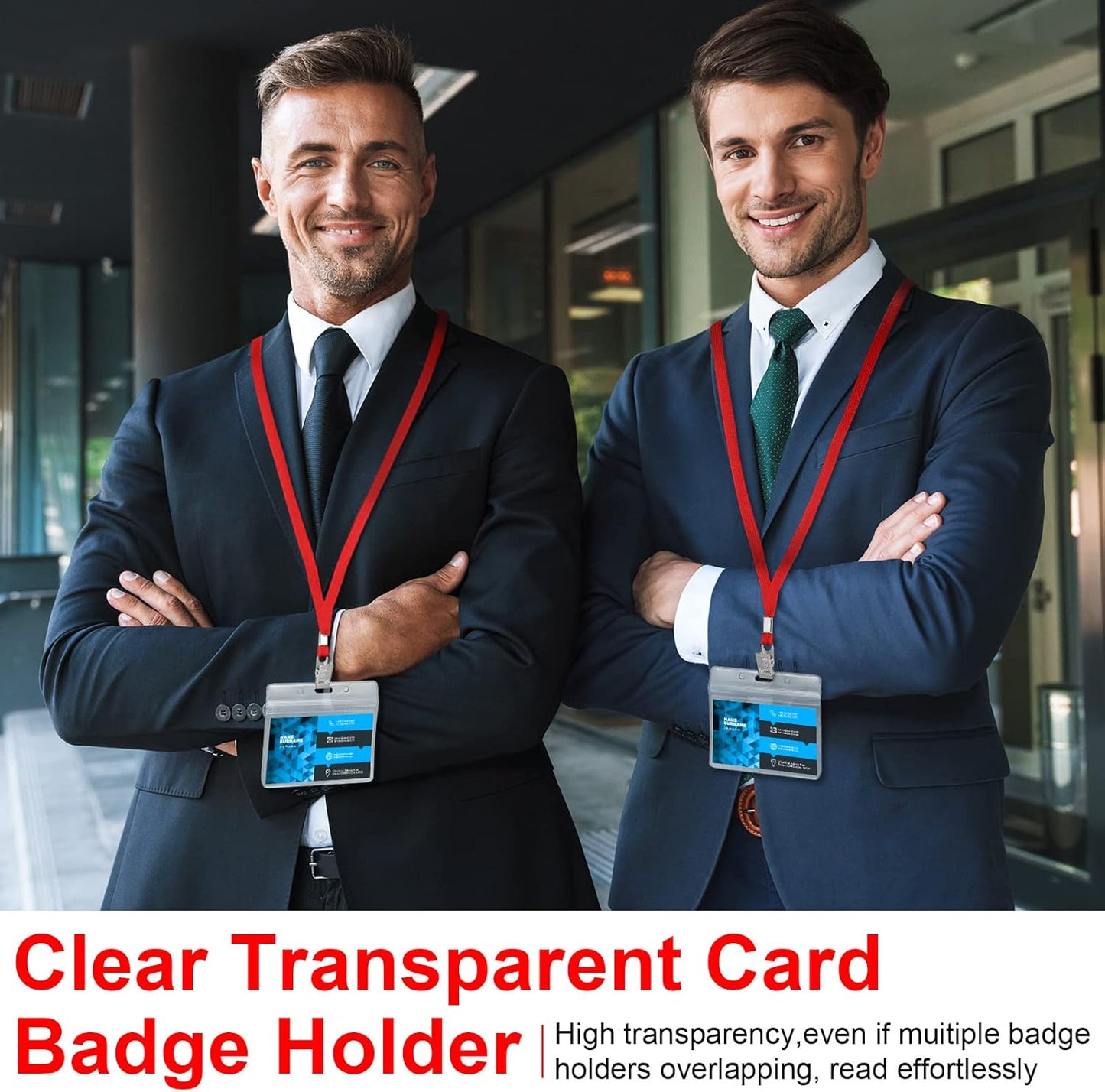 Marspark 50 Sets Clear Name Tags with Lanyard, Lanyards for ID Badges Reusable Strap with ID Holder Plastic Name Badges for Adults Business School Church Conference (Red)