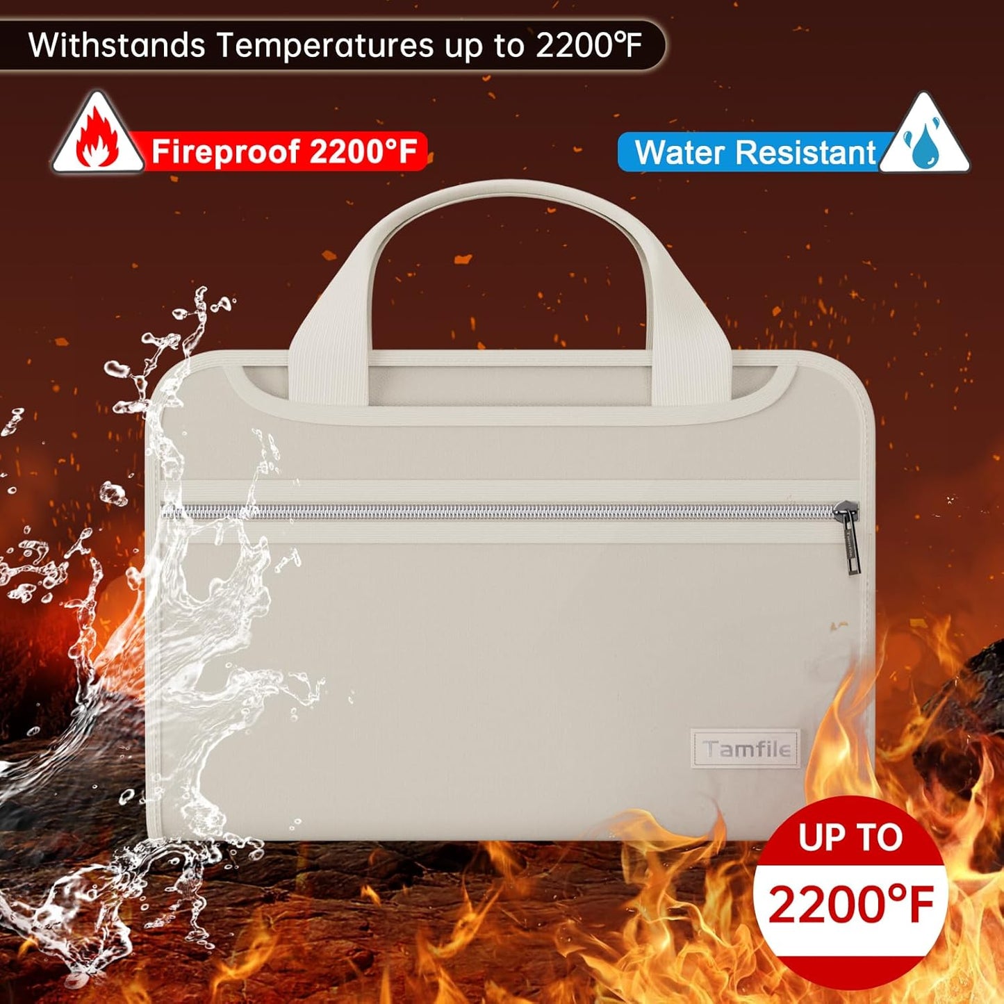 Tamfile Fireproof Accordion File Organizer with Handle, 13 Pocket Expanding File Folder with Zipper & Labels, File Folder with Multi-Pockets Paper Organizer Folder for Letter A4 Files, Beige