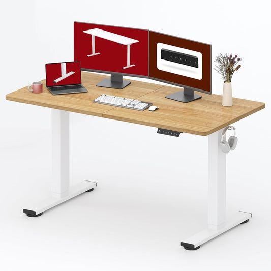 SANODESK Standing Desk Height Adjustable Electric Stand up Desk 55x24 Inches Sit Stand Home Office Desk with Splice Board, White Frame/Maple Top