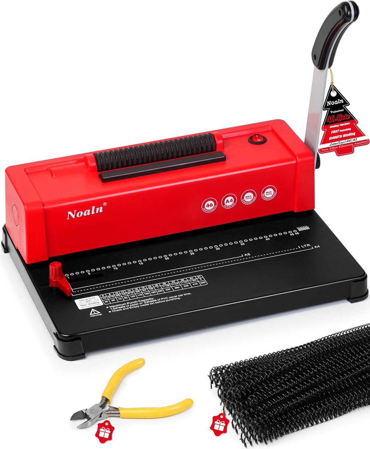 46-Hole Binding Machine Spiral Coil Binder Classic Red,DIY Book Binder Kits with Electric Coil Inserter,100pcs Comb Binding Spines,for Letter Size/A4/A5 School Office Home