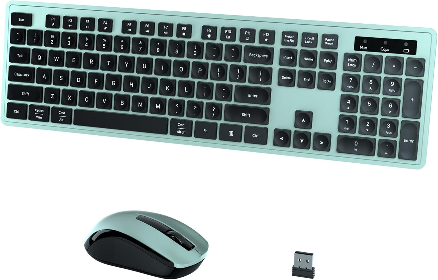Wireless Keyboard and Mouse Combo, COVEVA 2.4GHz Wireless Keyboard Mouse with USB Receiver, Water-Dropping Keycaps, 104 Keys Full Size with Number Pad for PC Laptop Computer Desktop(Black Green)