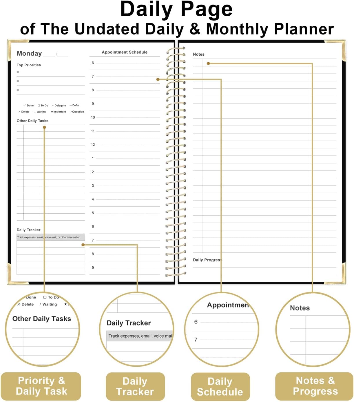 Undated Daily Monthly Planner for 2025 2026 - A5 To Do List with Hourly Schedule, Hardcover Spiral Bound Daily Planner to Increase Focus, Stylish School/Office Supplies, 5.8" x 8.5", Black