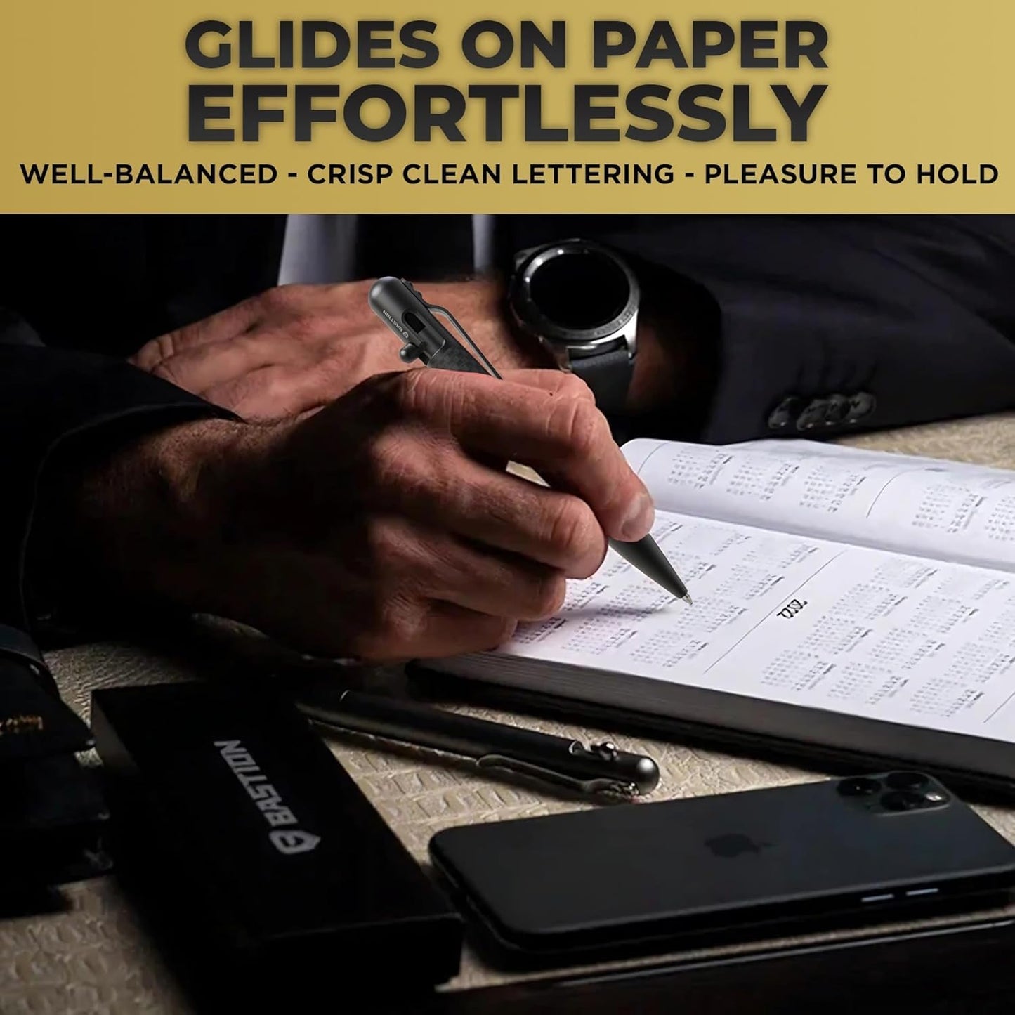 BASTION® Luxury Slim Bolt Action Pen, Lightweight Aluminum EDC Pen with Fine Tip, Professional Ballpoint Pen for School and Work - Black