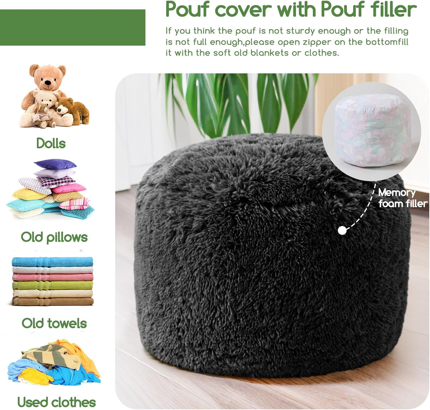 HIGOGOGO Round Stuffed Pouf Ottoman, Long Faux Fur Poufs with Foam Chunk Filling, Fluffy and Furry Pouf Foot Stool Storage Ottoman, 26 X 18 Floor Poufs Foot Rest for Living Room, Black