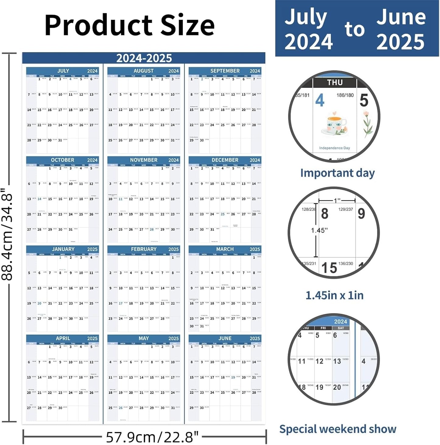 2024-2025 Wall Calendar 34.8" x 22.8" Large Vertical Yearly Wall Hanging Calenda with Julian Date from July 2024 to June 2025 Thick Paper Calendar 12 Month Annual Planner for Office Fridge(Blue)