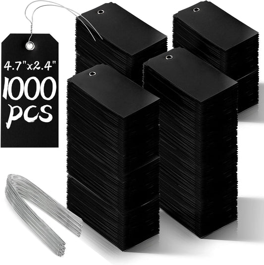 1000 Pieces Plastic Shipping Tags with Wire Labeling Tags Waterproof Hang Tags with Reinforcement Hole Writable Luggage tag Loops for Equipment Inventory Parts Garage (Black, 4 3/4" x 2 3/8")