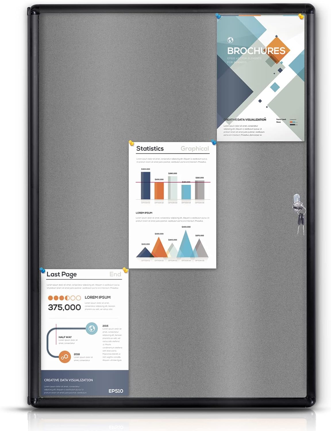 Enclosed Bulletin Board Lockable Display Case Message Board with Locking Door for Indoor, Grey Felt, Black Aluminum Frame, 38 X 28 in