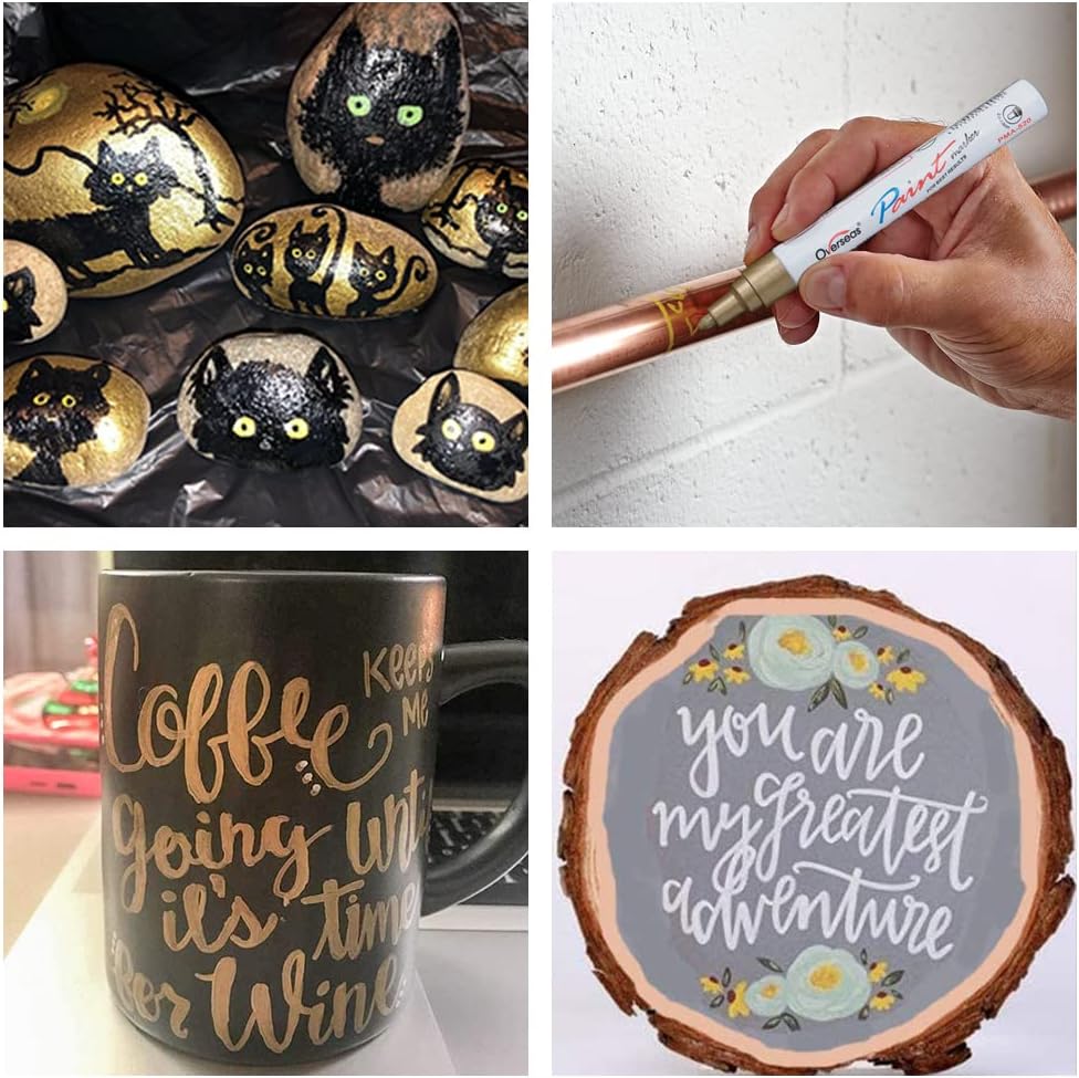 Overseas Permanent Paint Pens Gold Markers - 2 Pack Metallic Oil Based Paint Markers, Medium Tip, Quick Drying and Waterproof Marker Pen for Metal, Rock Painting, Wood, Plastic, Canvas, Mugs