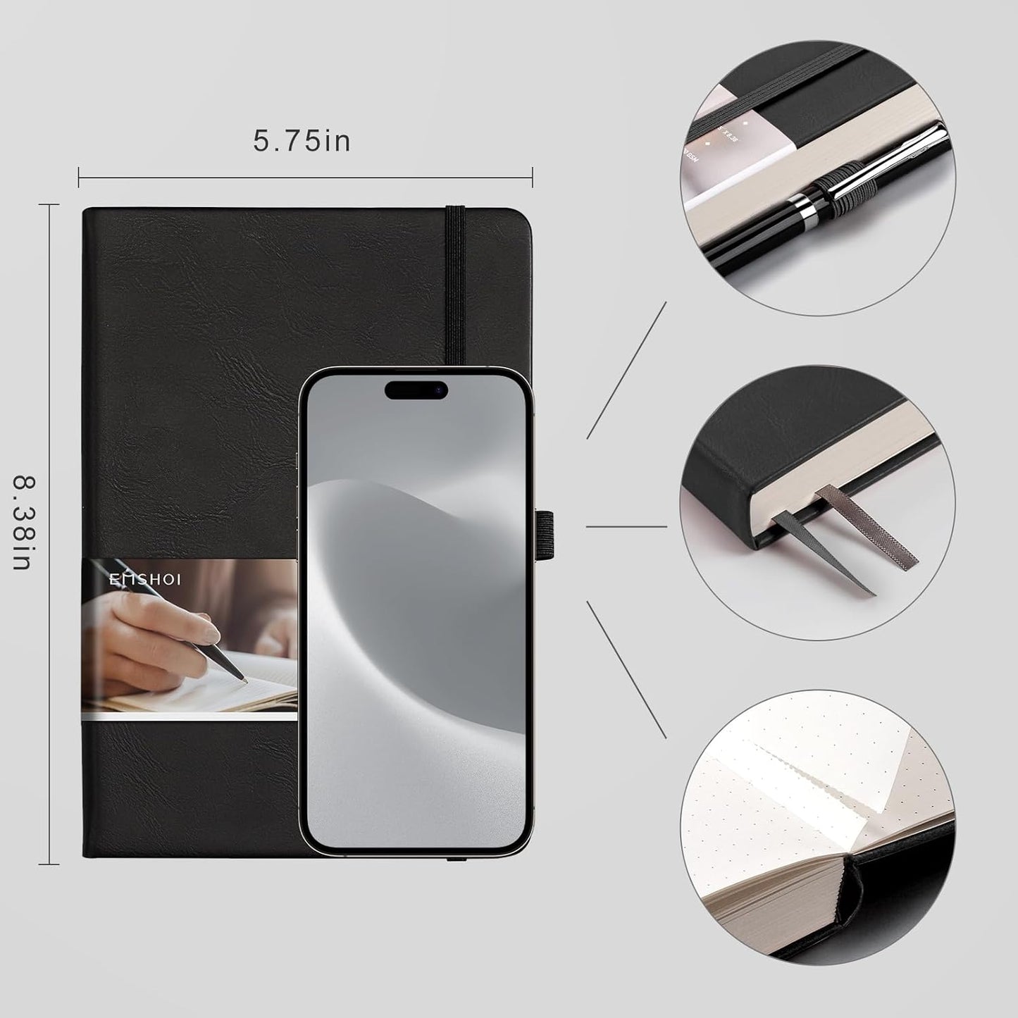 EMSHOI Dotted Notebook - 256 Pages A5 Dotted Grid Journal Notebook,120gsm Thick Paper,16 Perforated Pages, Smooth PU Leather, Inner Pocket,5.75'' × 8.38''-Black