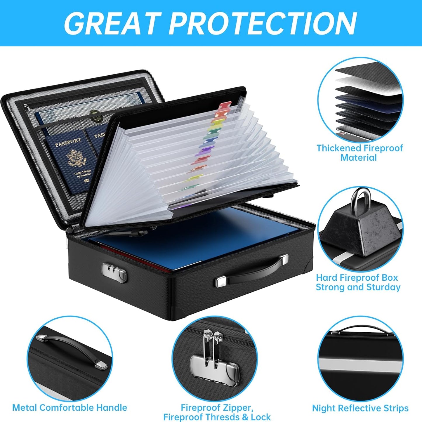 Fireproof Document Box with lock, File Organizer with Fireproof Zipper, Hard Shell Fireproof & Waterproof Storage box, Portable Safe for Home, Important Documents, Laptop, Black
