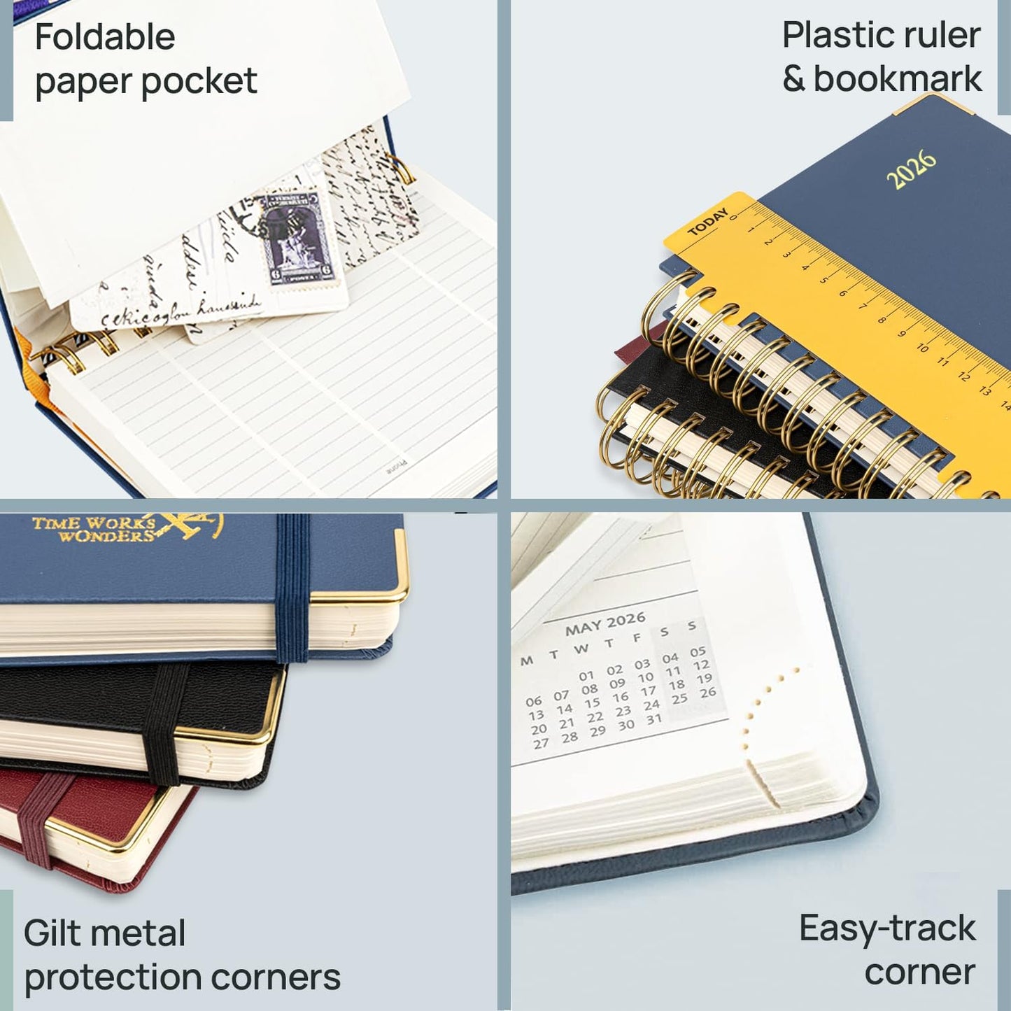 POPRUN 2026 Planner (Medium Size 8.5'' x 6.25'' Wire-Bound Hard Cover) Daily Weekly and Monthly Calendar - Agenda 2026 (Jan.2026-Dec.2026) with Hourly Schedule, Monthly Tabs - Black