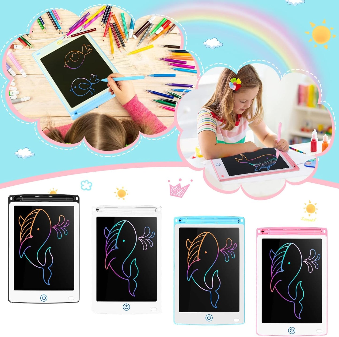 Zonon 4 Pcs LCD Writing Tablet 8.5 Inch Doodle Board Tablet Drawing Gifts LCD Writing Board Electronic Erasable Reusable Colorful Screen Pad(Light Blue, Light Red, White, Black)