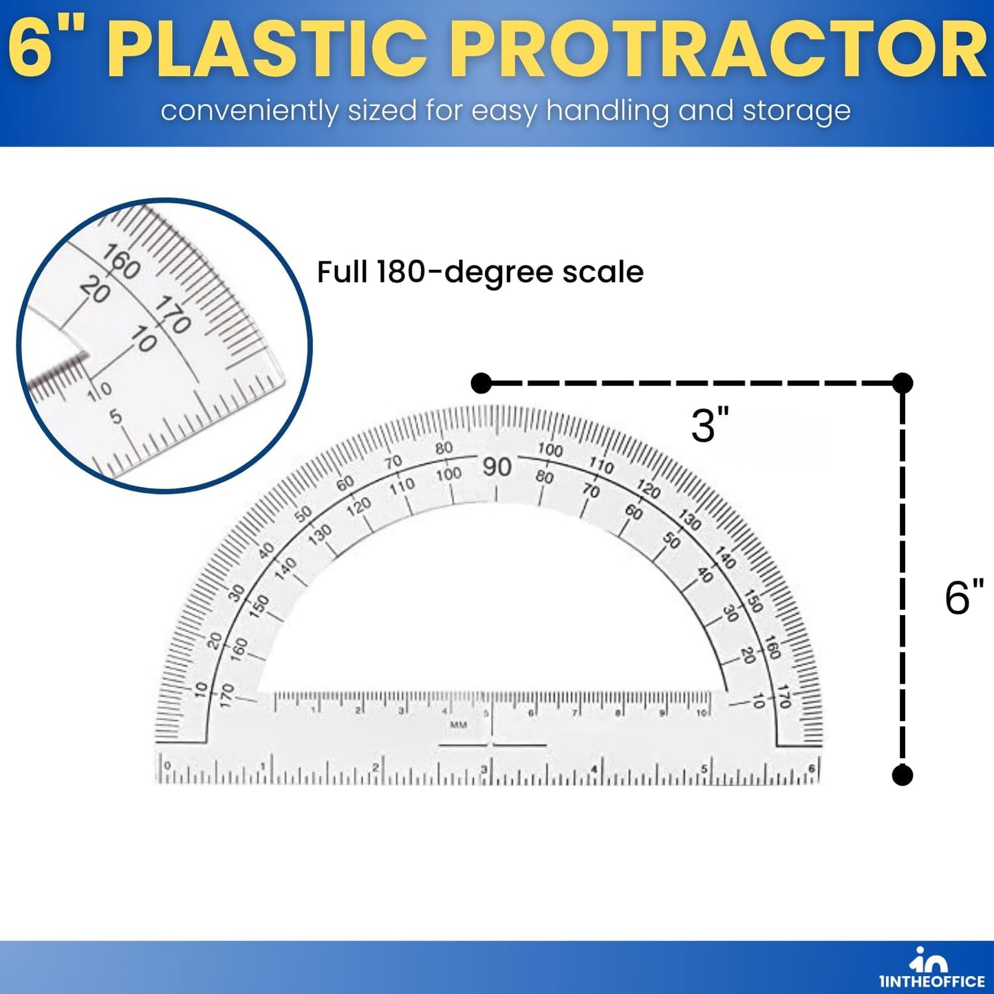 1InTheOffice Plastic Protractor 6 Inch, Protractor for Geometry, Clear Protractor, 180 Degrees, 6 Pack