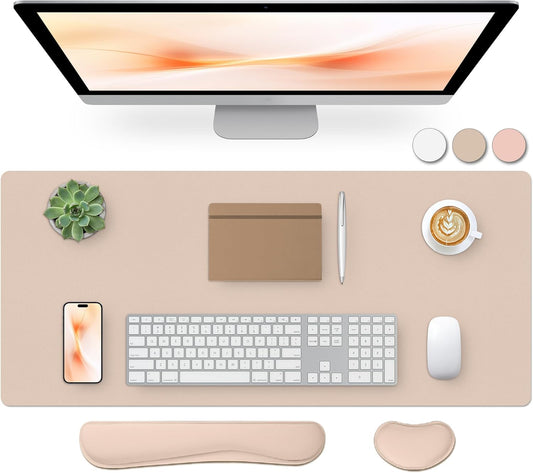 Bloss Leather Desk Pad and Keyboard Wrist Rest, Large Mouse Pad + Keyboard Pad+Mouse Wrist Support, Non-Slip Desk Mat Protector for Office, Home (35.4×15.7 Inches,Beige)