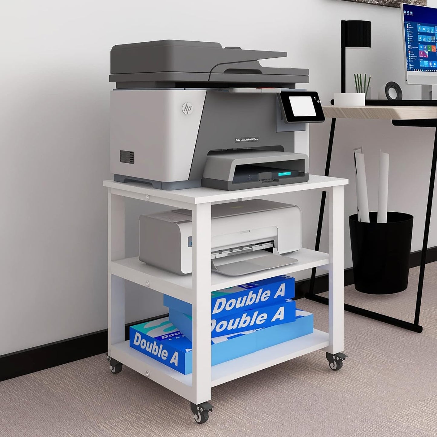 Natwind 3-Tier Laser Printer Cart,19.7''x19.7''x22.6'' Large Machine Stand,Heavy Duty Rolling Table with Storage,Floor-Standing Rack on Wheels,Paper File Organizer Shelf for Home Office (White)