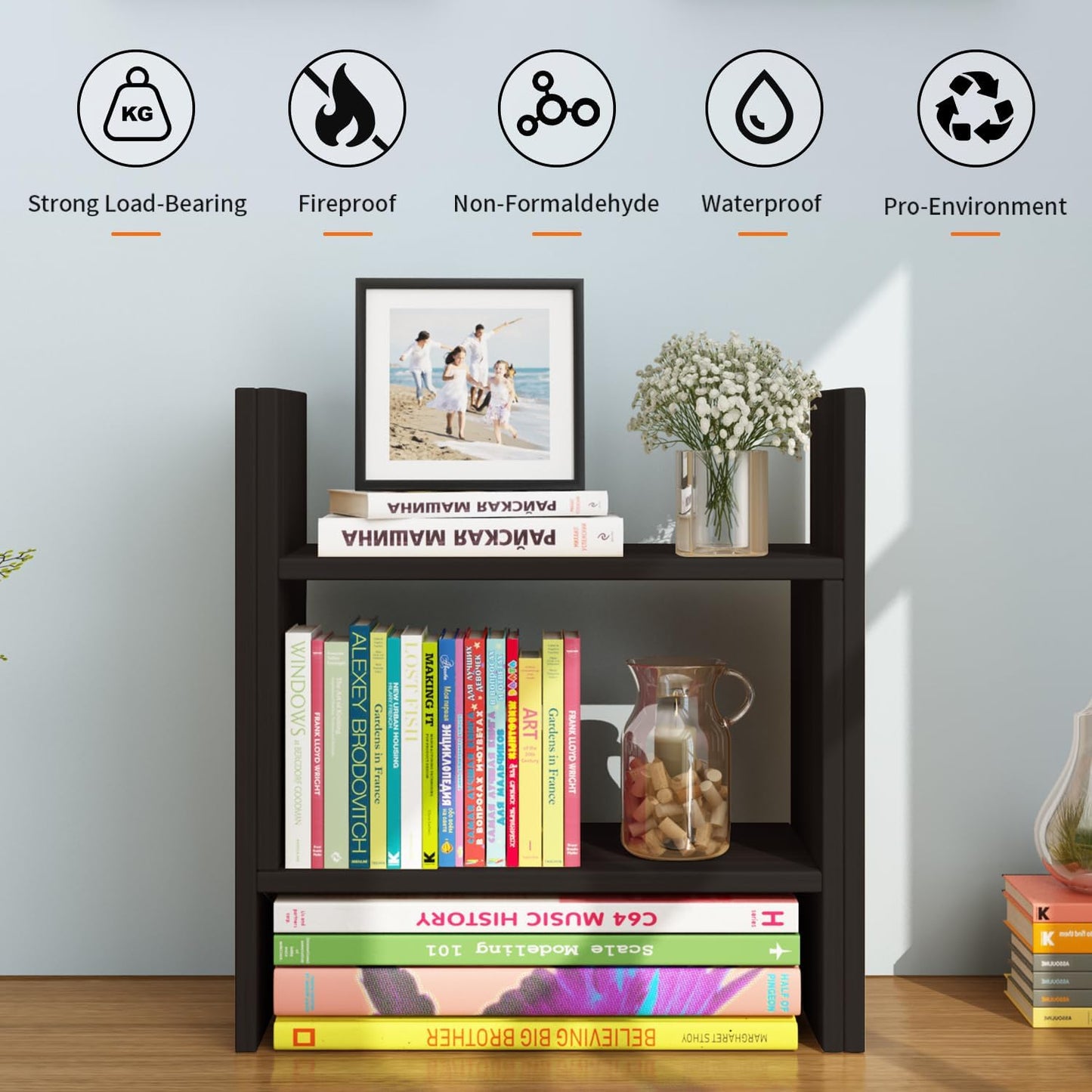 YSJILIDE Wood Adjustable Small Desktop Bookshelf, Expandable Storage Rack, Display Shelf, Office Supplies Organizer (Black)