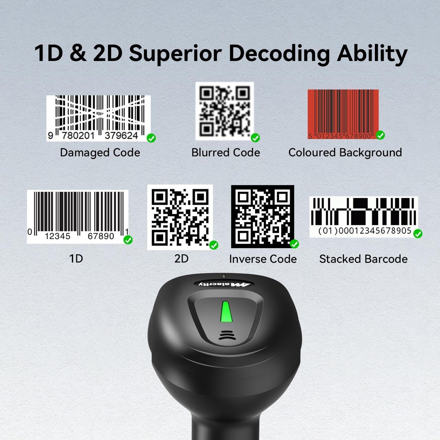 Alacrity 2D 1D Wireless Barcode Scanner with Stand, 3-in-1 Connectivity Bluetooth 2.4G Wireless USB Wired, Barcode Reader with Hands-Free Mode and Vibration Alert, Black