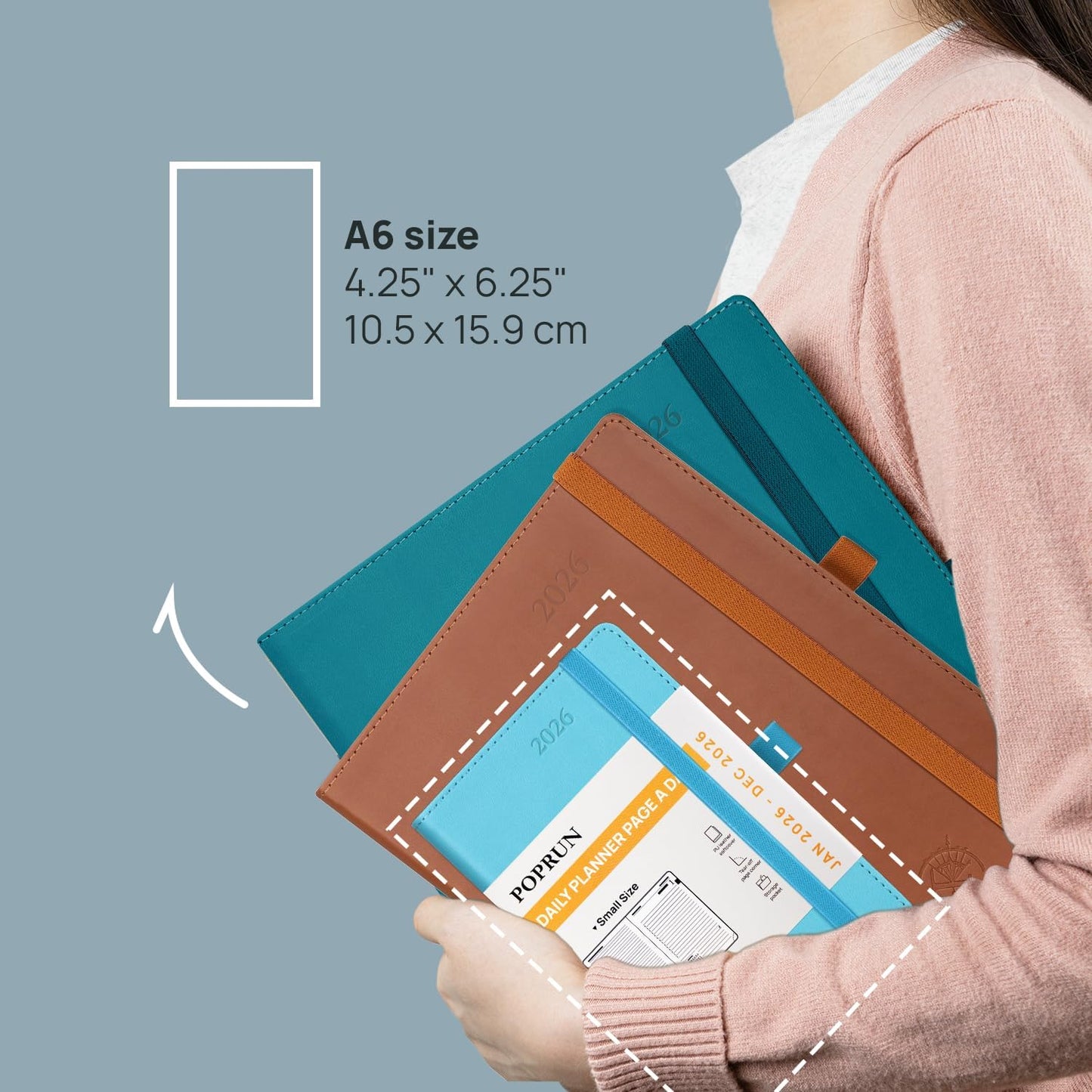 POPRUN Daily Planner 2026 (Jan - Dec), (Purse Size-4.25" x 6.25") 2026 Daily Calendar with One Page Per Day Even Weekends, Hourly Appointment Book with Pocket, PU Leather Softcover - Black