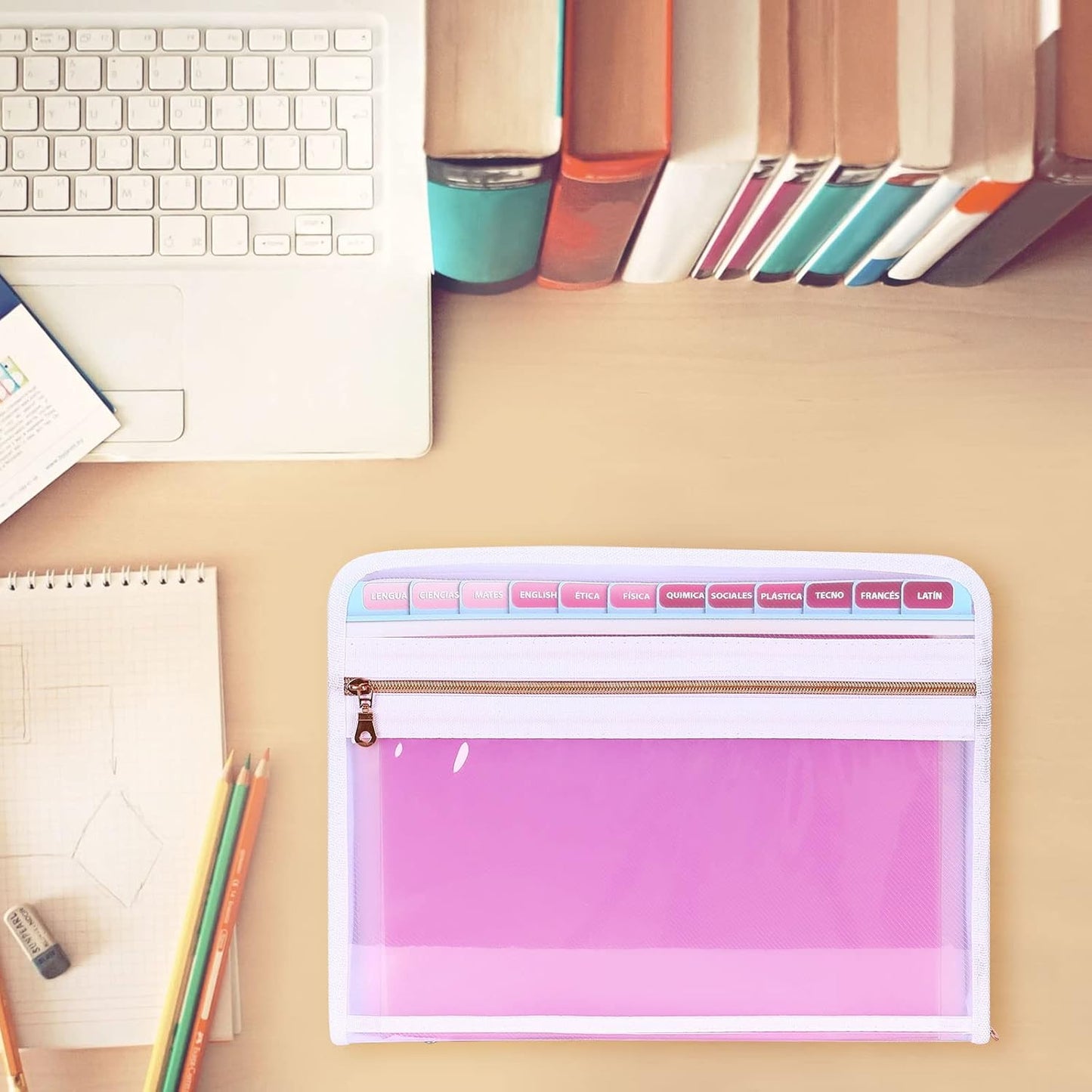 MEGREZ Expanding File Folder with 13 Pockets, 2 Pack A4 Paper File Folder with Zipper Color Labels, Waterproof Accordion File Folder Organizer for Home Office, Green & Pink