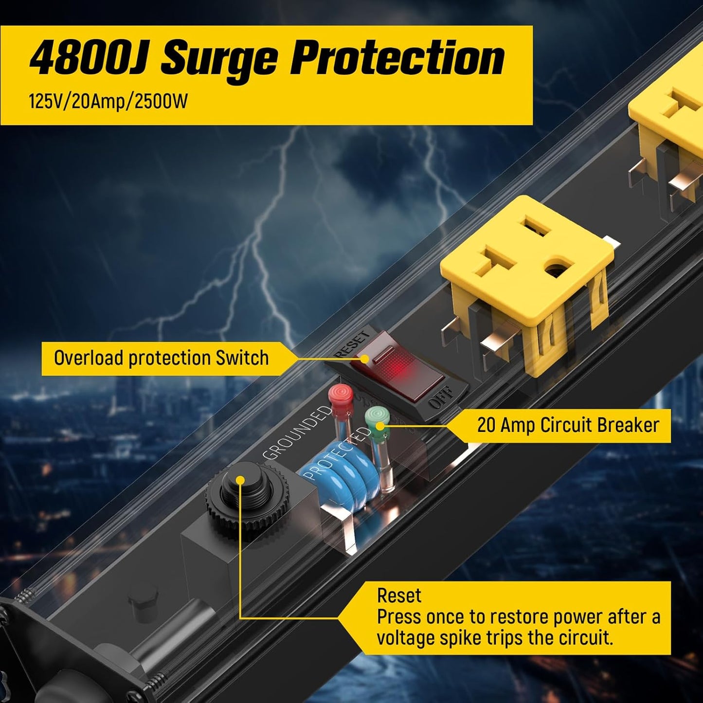 HHSOET 16 Outlet Long Power Strip, 6FT Heavy Duty Power Strip with 4800J Surge Protection, 20a Mountable Wide-Spaced Outlets for Home, Office, Garage & Workshop - ETL Certified