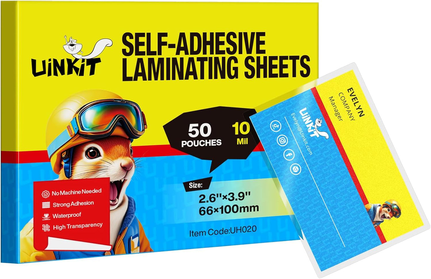 Uinkit 10 Mil 50 Pack Self Sealing Laminating Pouches, Laminate Plastic Sheets for 2.6 x 3.9-Inches Bussinesss Card Size Papers, Use in Office School Home Supplies, Glossy Finish, No Laminator Need