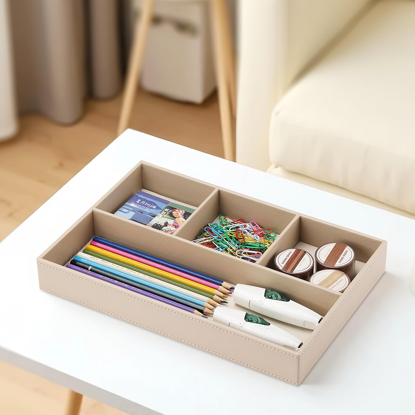 KINGFOM 4-Slot Leather Drawer Tray Desk Stationery Sundries Organizer Storage Box Pen Pencil Holder Case Container (Dark Beige)