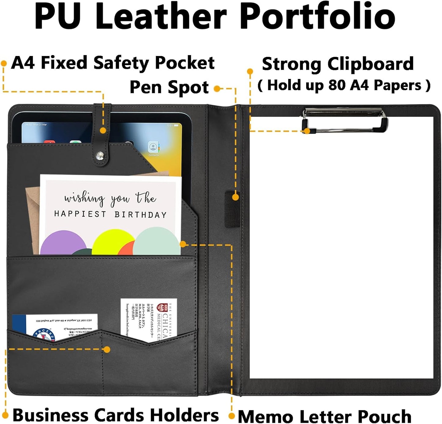 Portfolio Folder Padfolio with A4 Clipboard, PU Leather Portfolio Clipboard Business Binder Writing Clip Board Organizer for Legal Documents Business Card Men Women Black