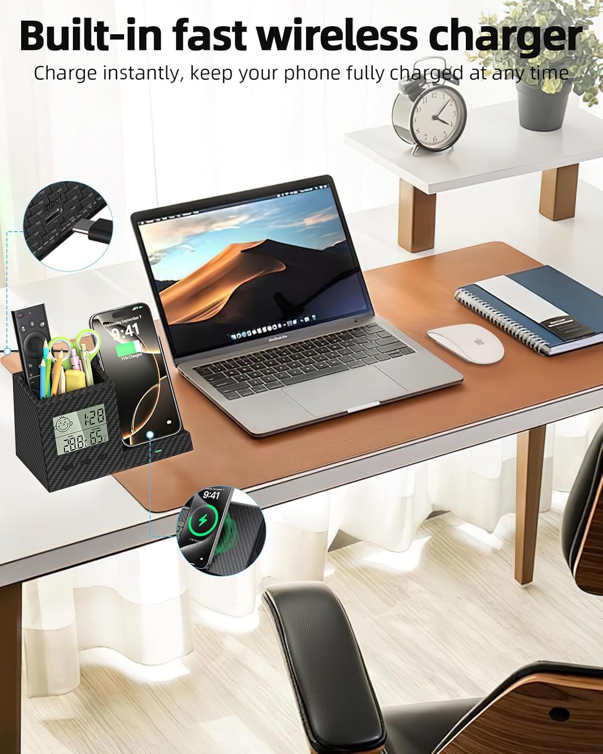 Multifunctional Pen Holder and Organizer for Desk with Wireless Charger, Digital Indoor Thermometer and Humidity Gauge, Home Office Organizers and Storage (Battery Included)