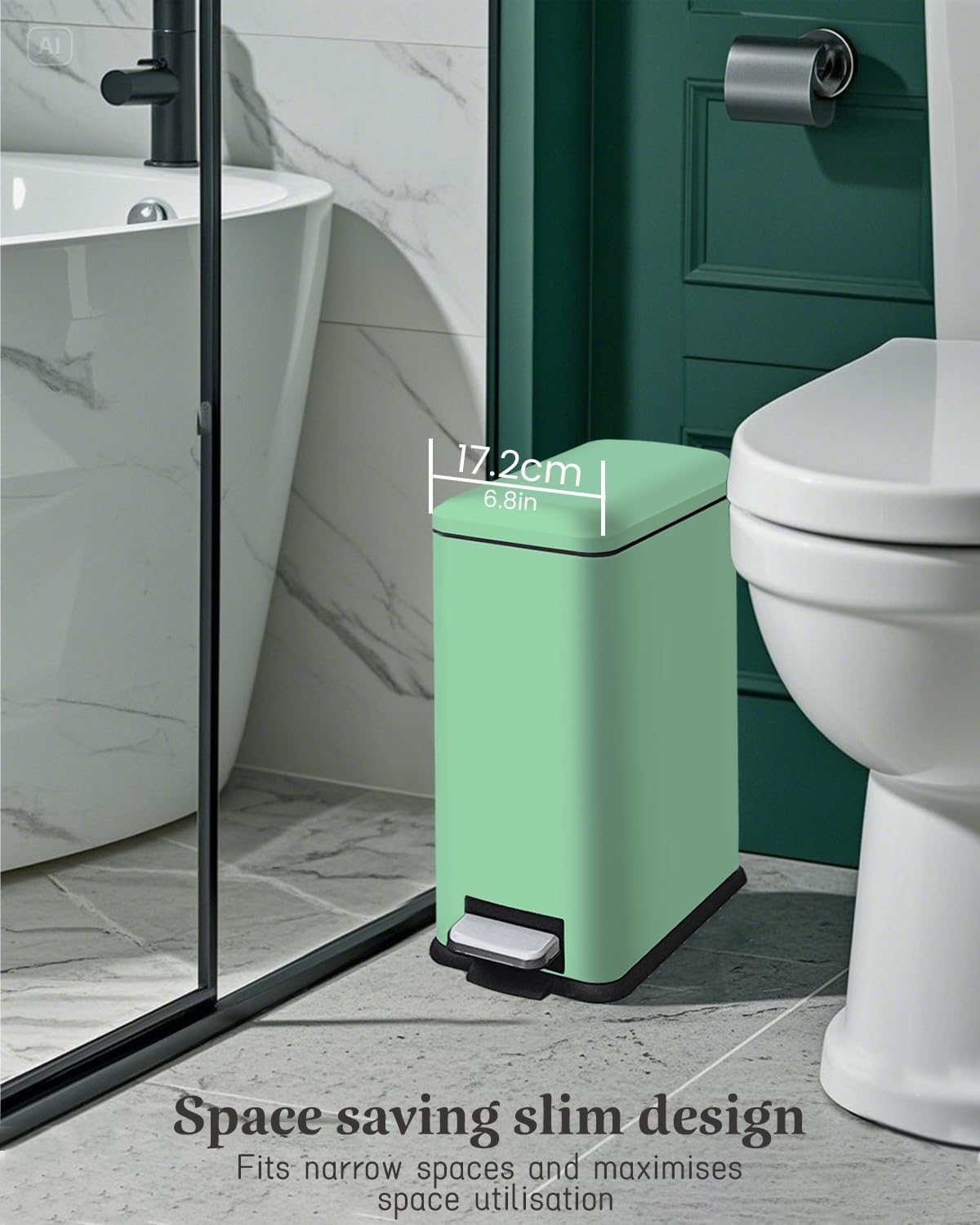 Rubbish Bin with Lid, 10 L, Stainless Steel Bathroom Waste Bin, Small Waste Bin, Pedal Bin, Stainless Steel for Bathroom, Bedroom and Office, Green