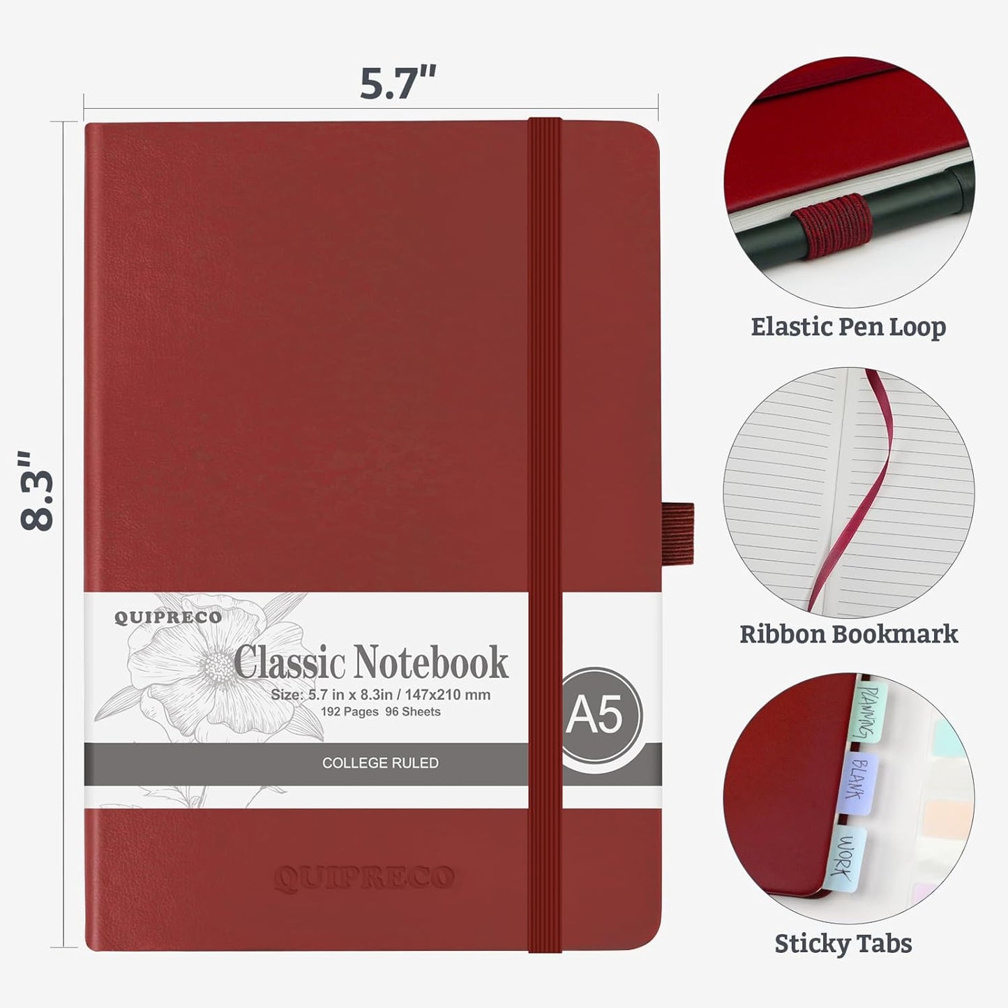 2Pack Lined Hardcover Journal Notebook, A5 192 Pages 100Gsm Thick Paper College Ruled for School,Note Taking,Work,Diary，5.7"*8.3",Burgundy