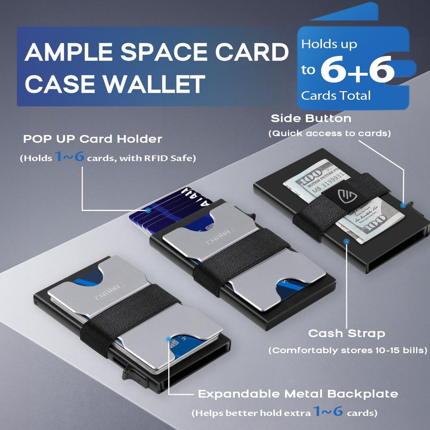 Mens Card Cases, Slim Card Holder Wallet for Men and Women, Minimalist RFID Blocking Wallet with Pop-Up Function, Thin Design, Metal Card Cases Holds 6+6 Cards, Gifts for Men, Men's Accessories