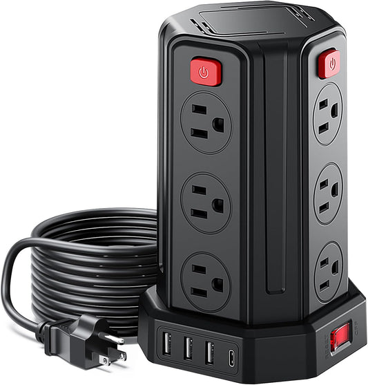 Power Strip Surge Protector, 6.5 Ft Extension Cord with 12 AC Multiple Outlets 4 USB (1 USB C), SMALLRT Power Tower Desktop Charging Station (Black, 6.5 Ft)