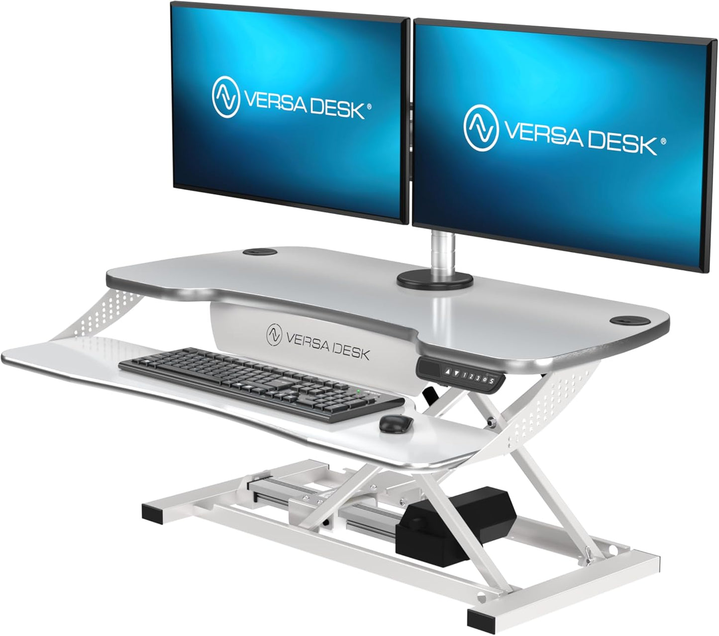 VERSADESK® PowerPro™ Elite 36” x 24" – App Controlled Electric Standing Desk Converter w/USB Charging Port. Raises up to 20”. Fully Assembled – Includes LED Lights. Supports 80 lbs. – White