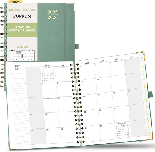 POPRUN Monthly Planner 2025-2026 Spiral Hardcover (8'' x 10''), 18 Months Calendar (Jul.2025 - Dec.2026)- 2 Pages per Month with Dotted Note Pages, Sunday Start, Laminated Tab - Midnight Green