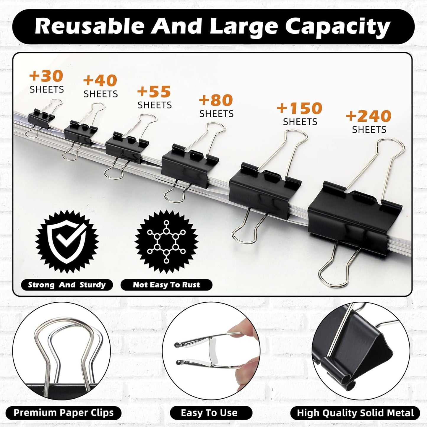 Yexiya 640 Pcs Binder Clips Paper Clamps Assorted Sizes Black, Metal Paper Binder Clips Combination Black Binding Paperwork Clamp Bulk 6 Sizes with Box School Teachers Office Supplies