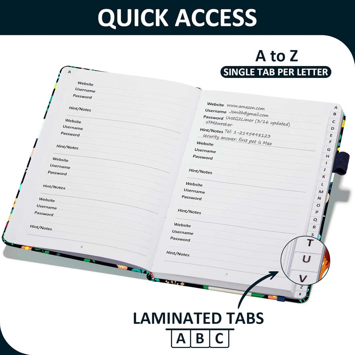 Password Book with Individual Alphabetical Tabs Laminated, Large Print Password Keeper Book for Seniors, A5 Hardcover Internet Password Log Book to Record Website Login Details - Floral